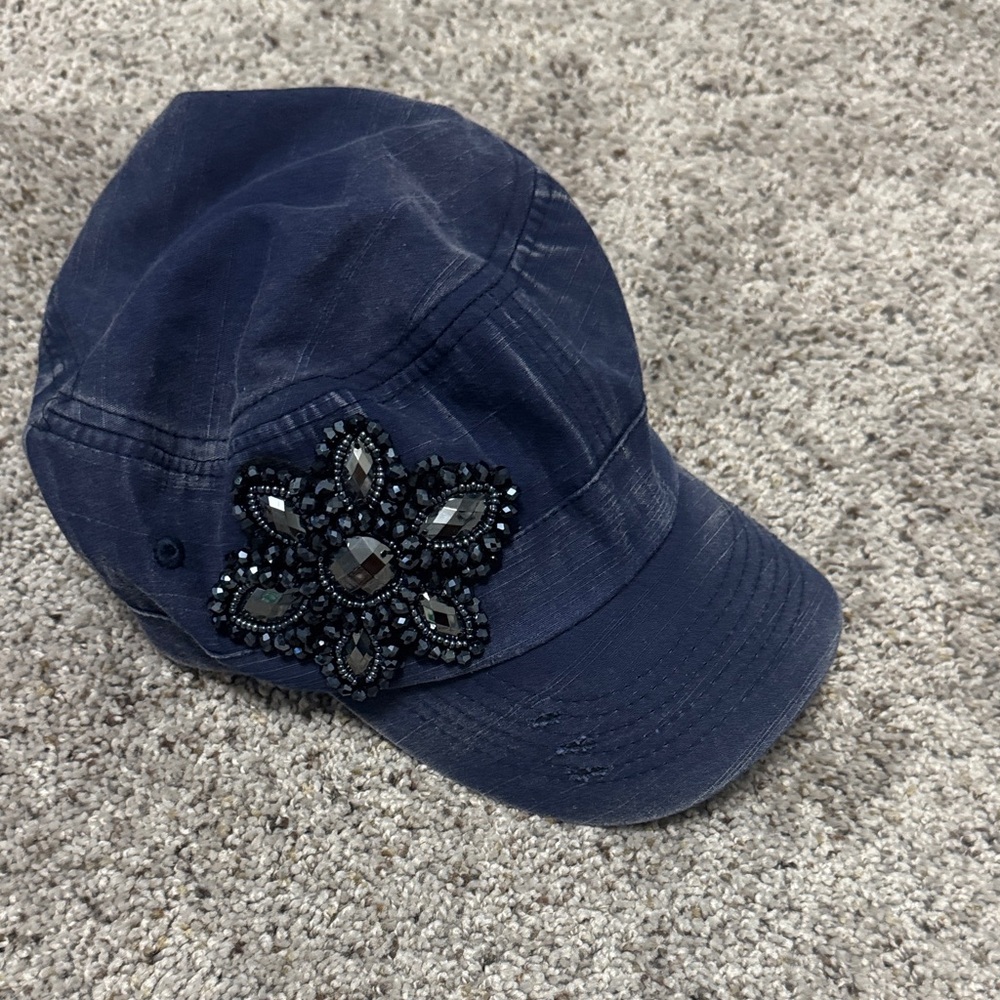 Navy Embellished Military-Style Cap